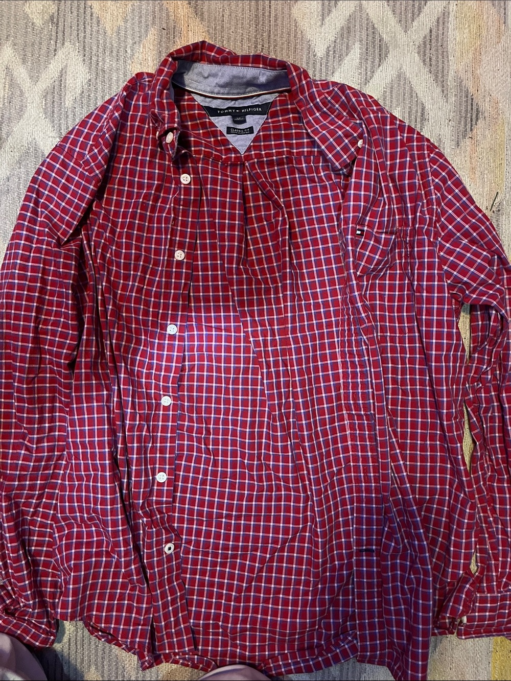 Tommy Hilfiger Red and White Checked Button-Down Shirt